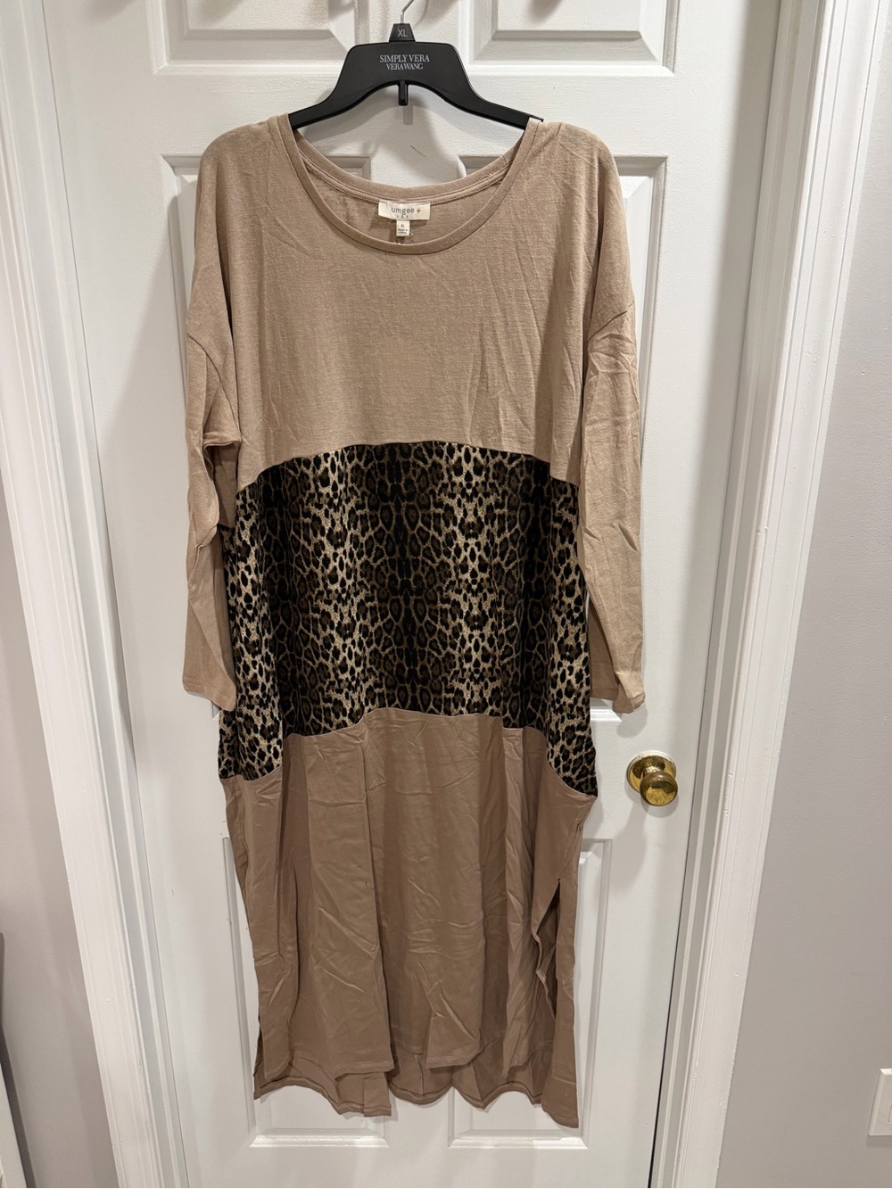 NWT Umgee Beige T-shirt Tunic Dress w Leopard Print Panel Sz XL